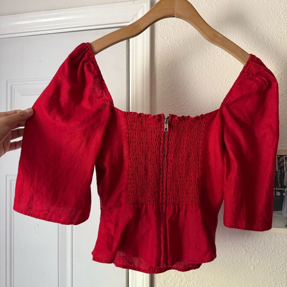 Reformation Red Linen Shell Button Up Square Neck… - image 4